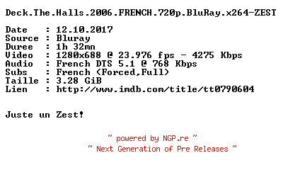 NFO for the release Deck.The.Halls.2006.FRENCH.720p.BluRay.x264-ZEST by ZEST