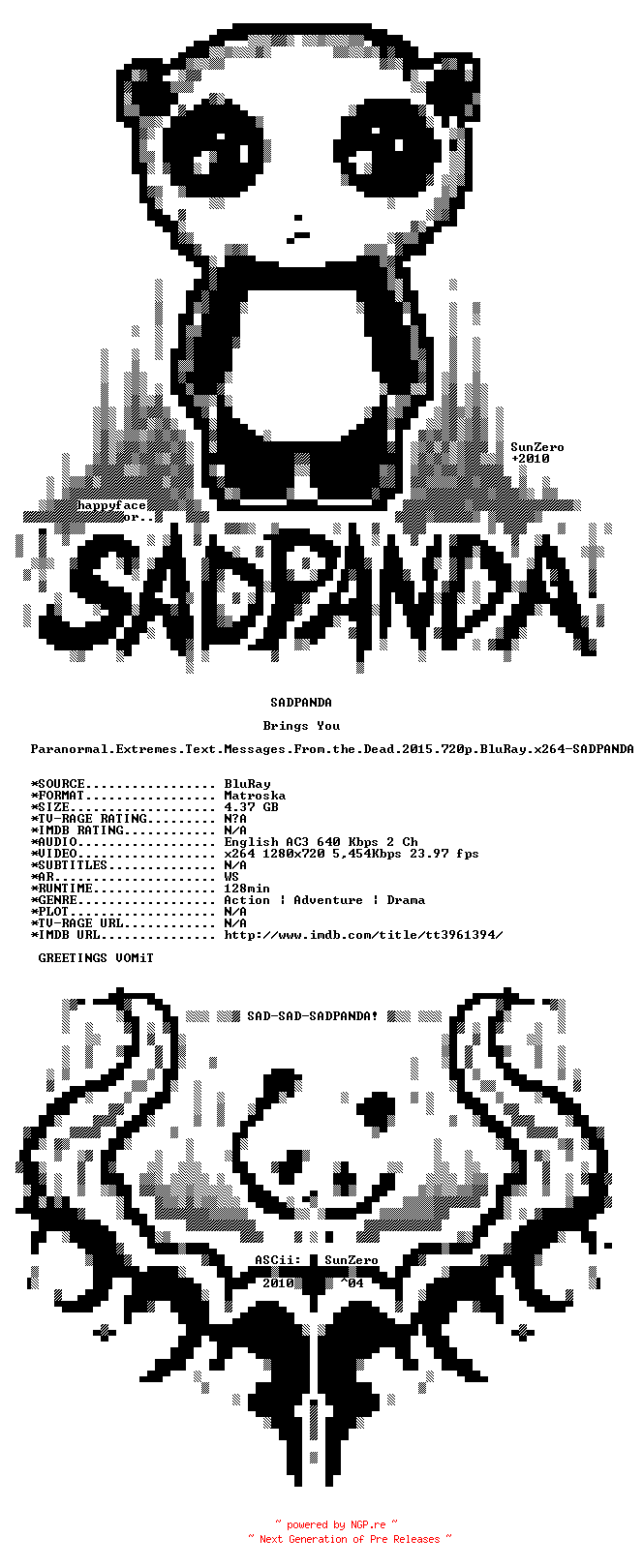 NFO for the release Paranormal.Extremes.Text.Messages.From.the.Dead.2015.720p.BluRay.x264-SADPANDA by SADPANDA