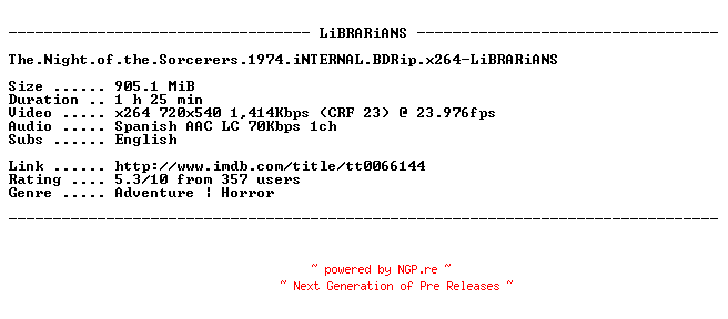 NFO for the release The.Night.of.the.Sorcerers.1974.iNTERNAL.BDRip.x264-LiBRARiANS by LiBRARiANS