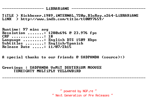 NFO for the release Kickboxer.1989.iNTERNAL.720p.BluRay.x264-LiBRARiANS by LiBRARiANS