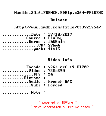 NFO for the release Maudie.2016.FRENCH.BDRip.x264-PRiDEHD by PRiDEHD