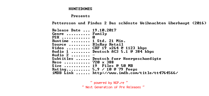 NFO for the release Pettersson.und.Findus.2.Das.schoenste.Weihnachten.ueberhaupt.German.2016.AC3.BDRip.x264-HUNTEDONES by HUNTEDONES