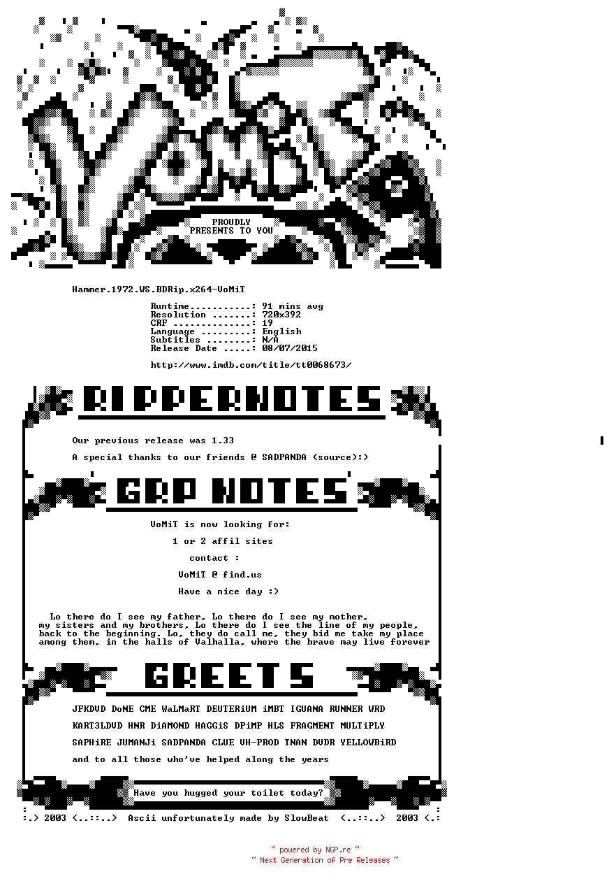 NFO for the release Hammer.1972.WS.BDRip.x264-VoMiT by VoMiT