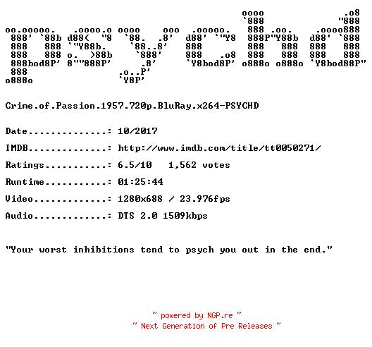 NFO for the release Crime.of.Passion.1957.720p.BluRay.x264-PSYCHD by PSYCHD