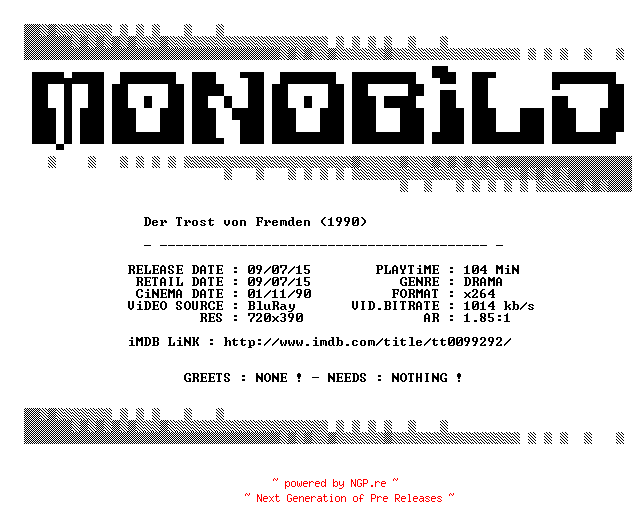 NFO for the release Der.Trost.von.Fremden.1990.German.BDRip.x264-MONOBiLD by MONOBiLD