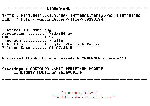 NFO for the release Kill.Bill.Vol.2.2004.iNTERNAL.BDRip.x264-LiBRARiANS by LiBRARiANS