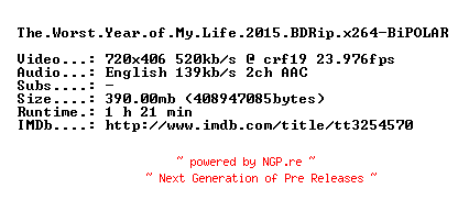 NFO for the release The.Worst.Year.of.My.Life.2015.BDRip.x264-BiPOLAR by BiPOLAR