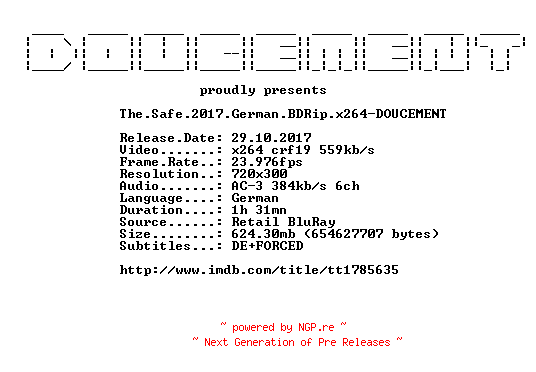 NFO for the release The.Safe.2017.German.BDRip.x264-DOUCEMENT by DOUCEMENT