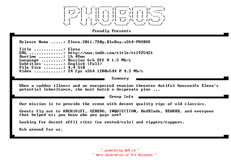 NFO for the release Elena.2011.720p.BluRay.x264-PHOBOS by PHOBOS
