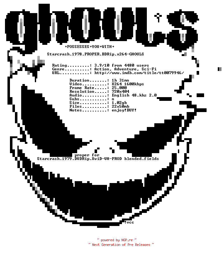 NFO for the release Starcrash.1978.PROPER.BDRip.x264-GHOULS by GHOULS