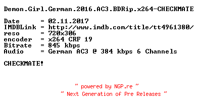 NFO for the release Demon.Girl.German.2016.AC3.BDRip.x264-CHECKMATE by CHECKMATE
