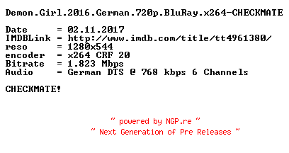 NFO for the release Demon.Girl.2016.German.720p.BluRay.x264-CHECKMATE by CHECKMATE