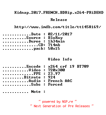 NFO for the release Kidnap.2017.FRENCH.BDRip.x264-PRiDEHD by PRiDEHD