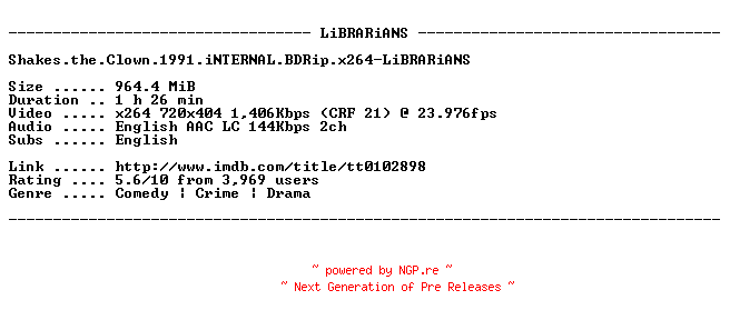NFO for the release Shakes.the.Clown.1991.iNTERNAL.BDRip.x264-LiBRARiANS by LiBRARiANS