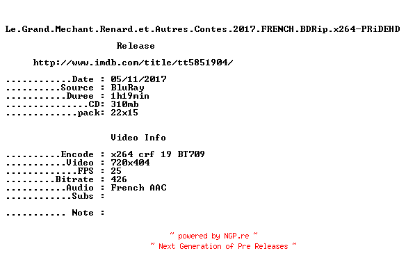 NFO for the release Le.Grand.Mechant.Renard.et.Autres.Contes.2017.FRENCH.BDRip.x264-PRiDEHD by PRiDEHD