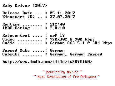 NFO for the release Baby.Driver.German.2017.AC3.BDRip.x264-COiNCiDENCE by COiNCiDENCE