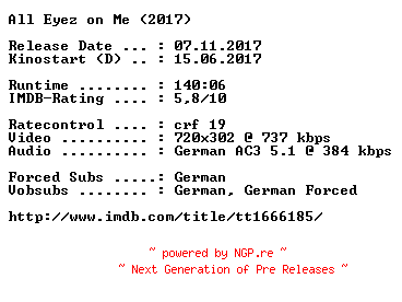 NFO for the release All.Eyez.on.Me.German.2017.AC3.BDRip.x264-COiNCiDENCE by COiNCiDENCE