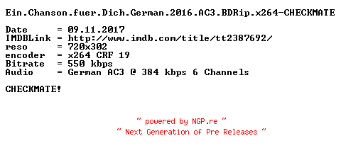 NFO for the release Ein.Chanson.fuer.Dich.German.2016.AC3.BDRip.x264-CHECKMATE by CHECKMATE