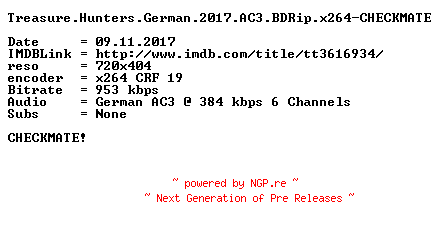 NFO for the release Treasure.Hunters.German.2017.AC3.BDRip.x264-CHECKMATE by CHECKMATE