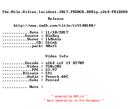 NFO for the release The.Nile.Hilton.Incident.2017.FRENCH.BDRip.x264-PRiDEHD by PRiDEHD