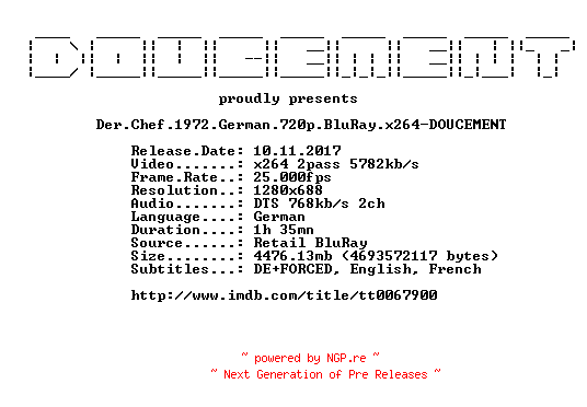 NFO for the release Der.Chef.1972.German.720p.BluRay.x264-DOUCEMENT by DOUCEMENT