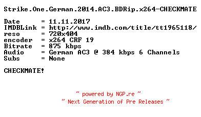 NFO for the release Strike.One.German.2014.AC3.BDRip.x264-CHECKMATE by CHECKMATE