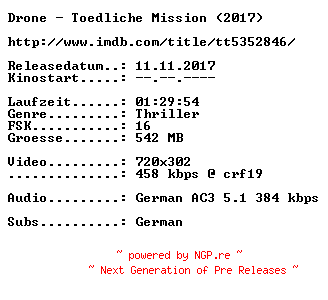 NFO for the release Drone.Toedliche.Mission.German.2017.AC3.BDRip.x264-STVFilm by STVFilm