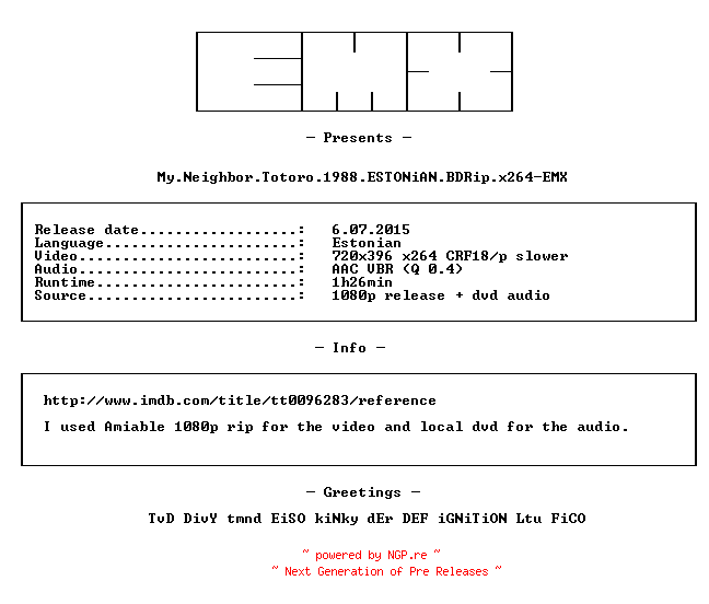 NFO for the release My.Neighbor.Totoro.1988.ESTONiAN.BDRip.x264-EMX by EMX