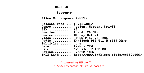 NFO for the release Alien.Convergence.2017.720p.BluRay.x264-REGARDS by REGARDS