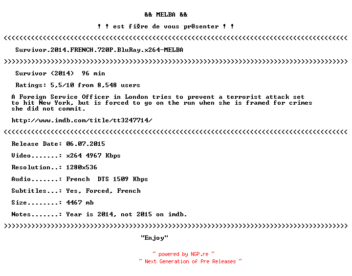 NFO for the release Survivor.2014.FRENCH.720P.BluRay.x264-MELBA by MELBA