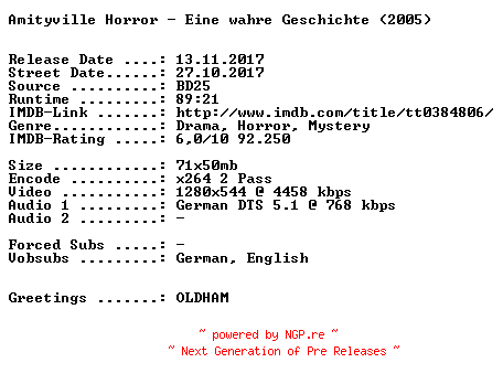 NFO for the release Amityville.Horror.Eine.wahre.Geschichte.2005.German.720p.BluRay.x264-SPiCY by SPiCY