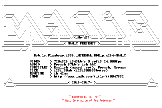 NFO for the release Bob.le.Flambeur.1956.iNTERNAL.BDRip.x264-MANiC by MANiC