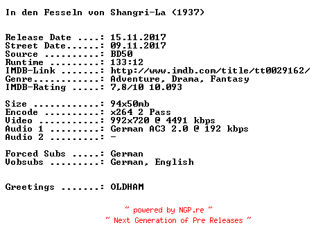 NFO for the release In.den.Fesseln.von.Shangri.La.1937.German.720p.BluRay.x264-SPiCY by SPiCY