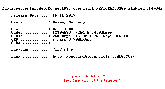 NFO for the release Das.Boese.unter.der.Sonne.1982.German.DL.RESTORED.720p.BluRay.x264-J4F by J4F