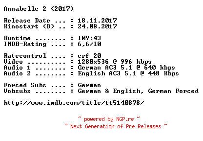 NFO for the release Annabelle.2.2017.German.DL.720p.BluRay.x264-COiNCiDENCE by COiNCiDENCE