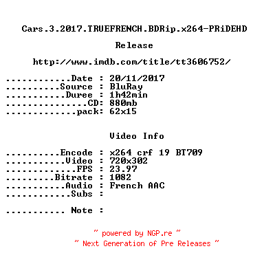 NFO for the release Cars.3.2017.TRUEFRENCH.BDRip.x264-PRiDEHD by PRiDEHD