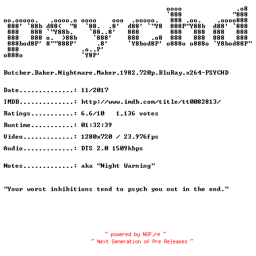 NFO for the release Butcher.Baker.Nightmare.Maker.1982.720p.BluRay.x264-PSYCHD by PSYCHD