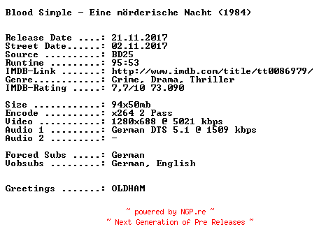 NFO for the release Blood.Simple.Eine.moerderische.Nacht.1984.German.720p.BluRay.x264-SPiCY by SPiCY