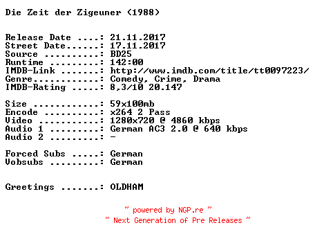 NFO for the release Die.Zeit.der.Zigeuner.1988.German.720p.BluRay.x264-SPiCY by SPiCY