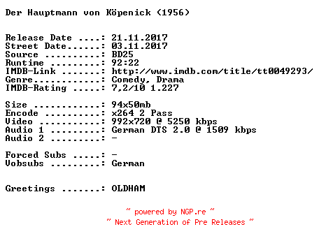 NFO for the release Der.Hauptmann.von.Koepenick.1956.German.720p.BluRay.x264-SPiCY by SPiCY