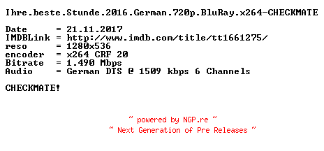NFO for the release Ihre.beste.Stunde.2016.German.720p.BluRay.x264-CHECKMATE by CHECKMATE