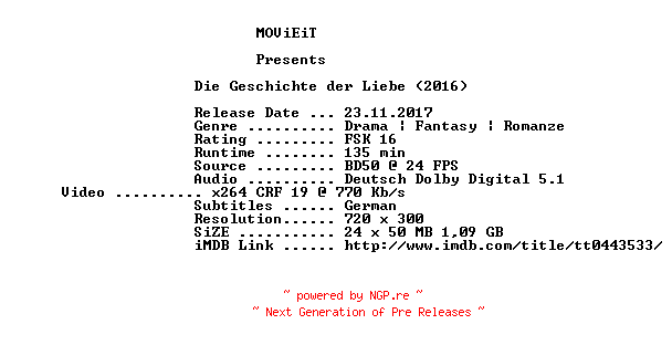 NFO for the release Die.Geschichte.der.Liebe.2016.German.BDRiP.x264-MOViEiT by MOViEiT