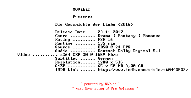 NFO for the release Die.Geschichte.der.Liebe.2016.German.720p.BluRay.x264-MOViEiT by MOViEiT