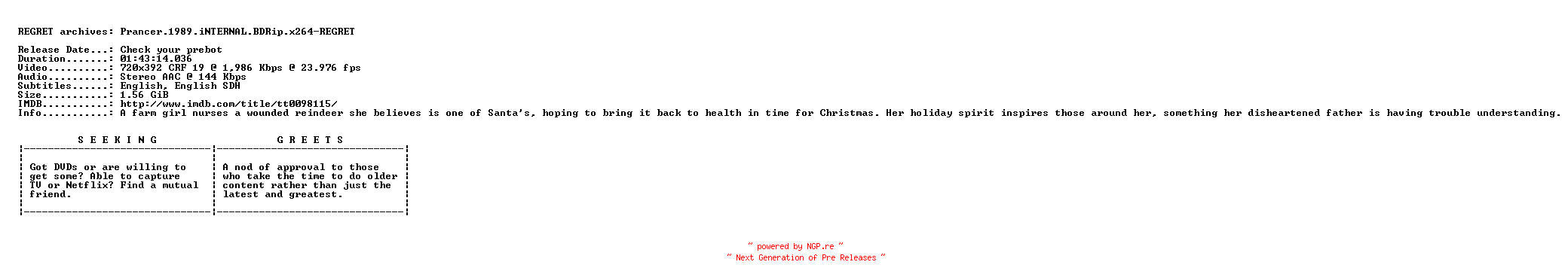 NFO for the release Prancer.1989.iNTERNAL.BDRip.x264-REGRET by REGRET