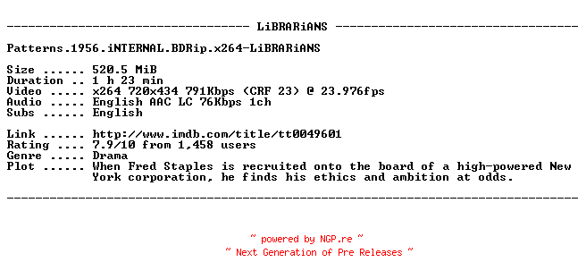 NFO for the release Patterns.1956.iNTERNAL.BDRip.x264-LiBRARiANS by LiBRARiANS