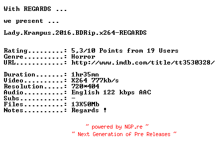 NFO for the release Lady.Krampus.2016.BDRip.x264-REGARDS by REGARDS