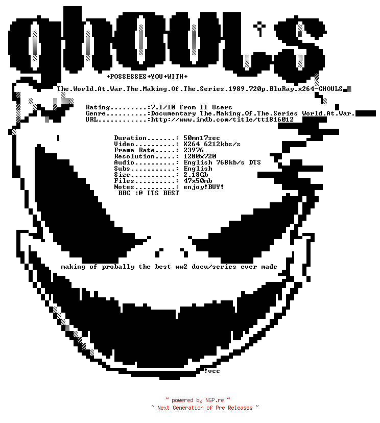 NFO for the release The.World.At.War.The.Making.Of.The.Series.1989.720p.BluRay.x264-GHOULS by GHOULS