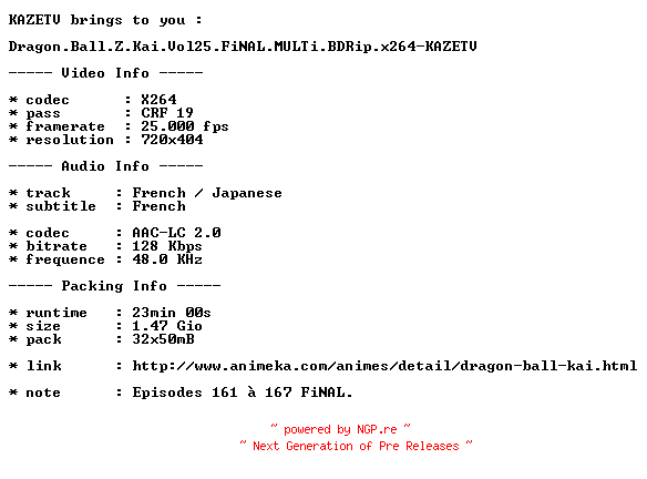 NFO for the release Dragon.Ball.Z.Kai.Vol25.FiNAL.MULTi.BDRip.x264-KAZETV by KAZETV