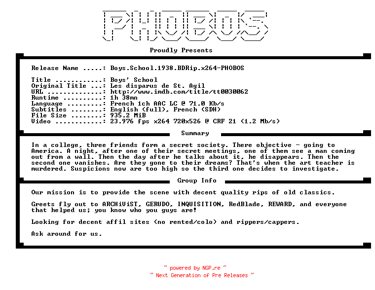 NFO for the release Boys.School.1938.BDRip.x264-PHOBOS by PHOBOS