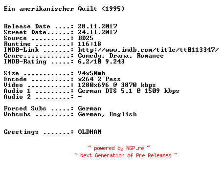 NFO for the release Ein.amerikanischer.Quilt.1995.German.720p.BluRay.x264-SPiCY by SPiCY